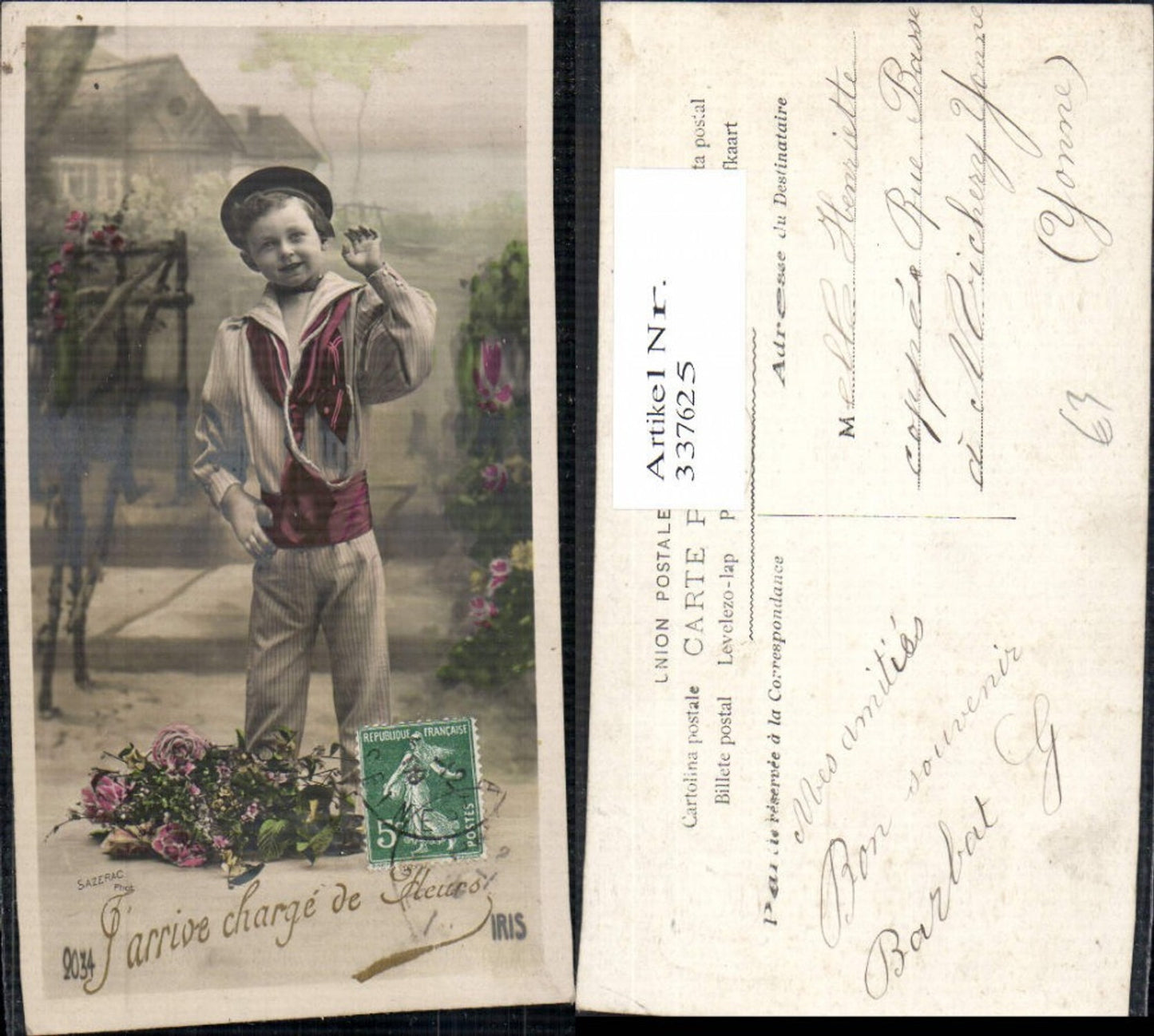 337625,Kind in Uniform Bub Junge Matrosenanzug Blumen Passepartout Dorf