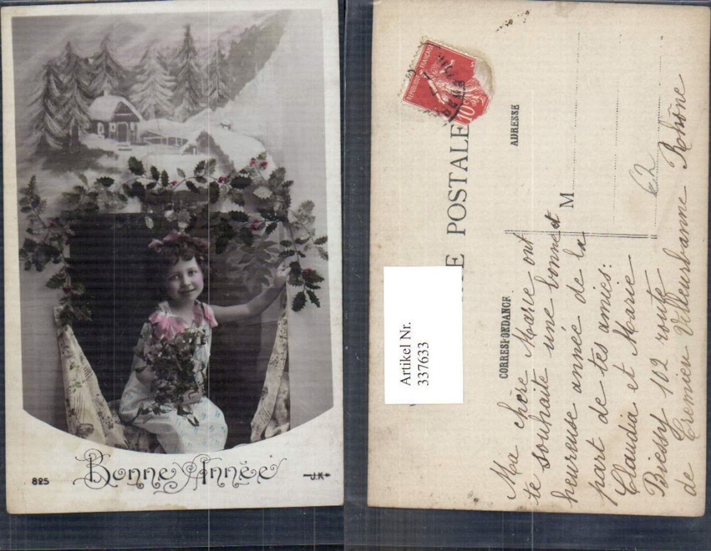 337633,Kind Mädchen m. Mistel Winterlandschaft Passepartout Bonne Annee