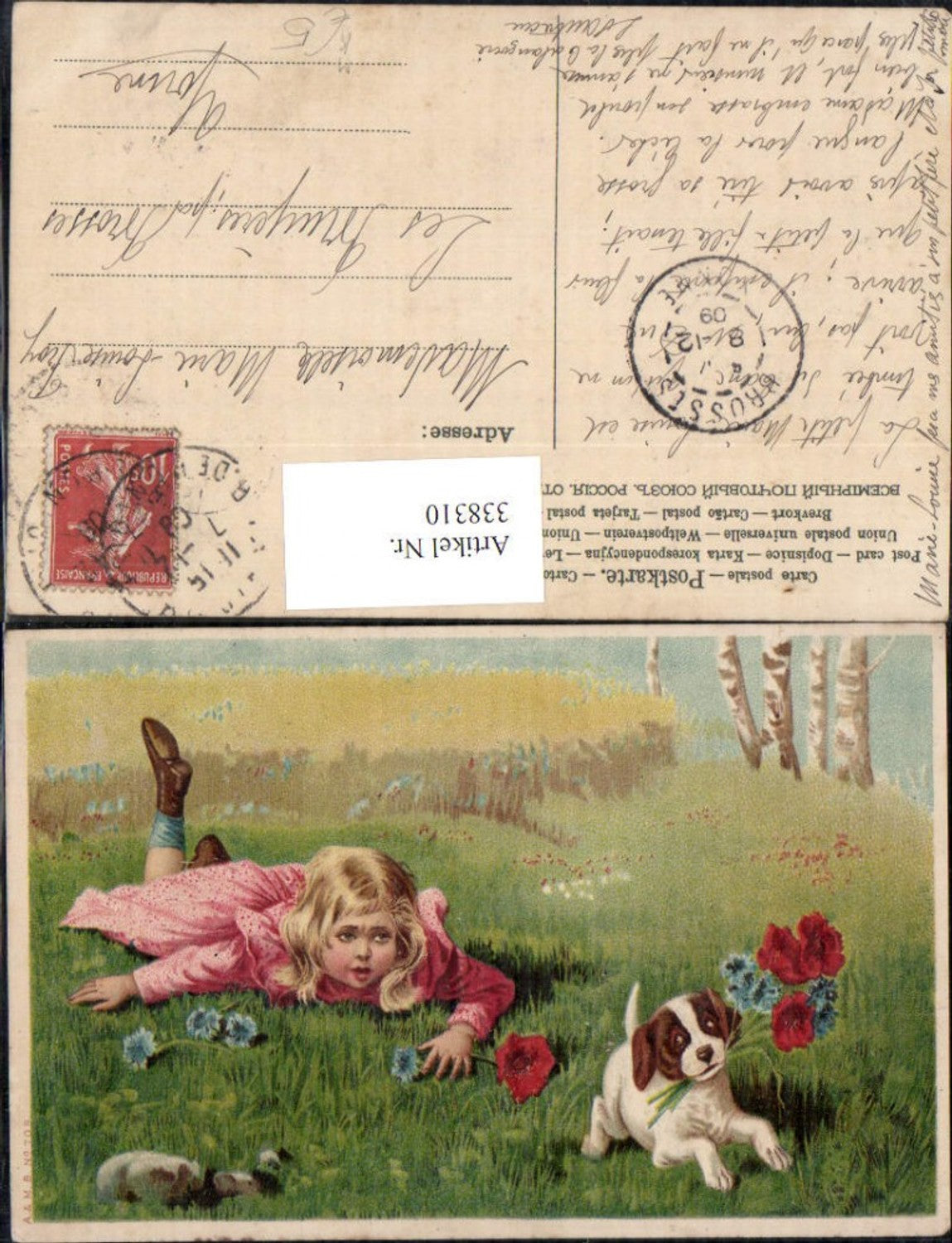 338310,Künstler Ak Kind Mädchen m. Hund Blumen a. Wiese Kornblumen Mohnblumen