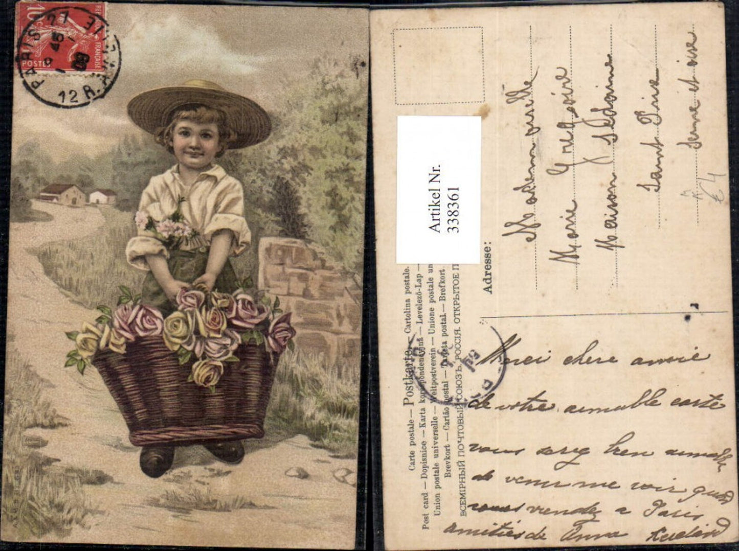 338361,Künstler Ak Kind Bub Junge m. Hut Korb m. Rosen Blumen