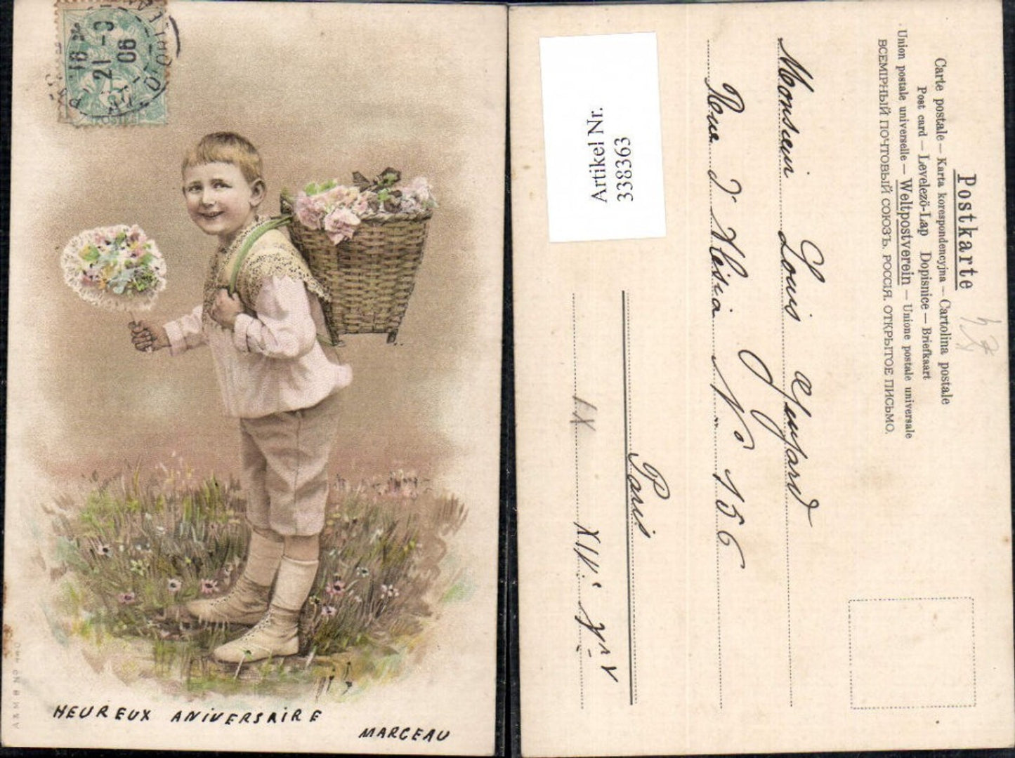 338363,Künstler Ak Kind Bub Junge m. Rückenkorb Rosen Blumen