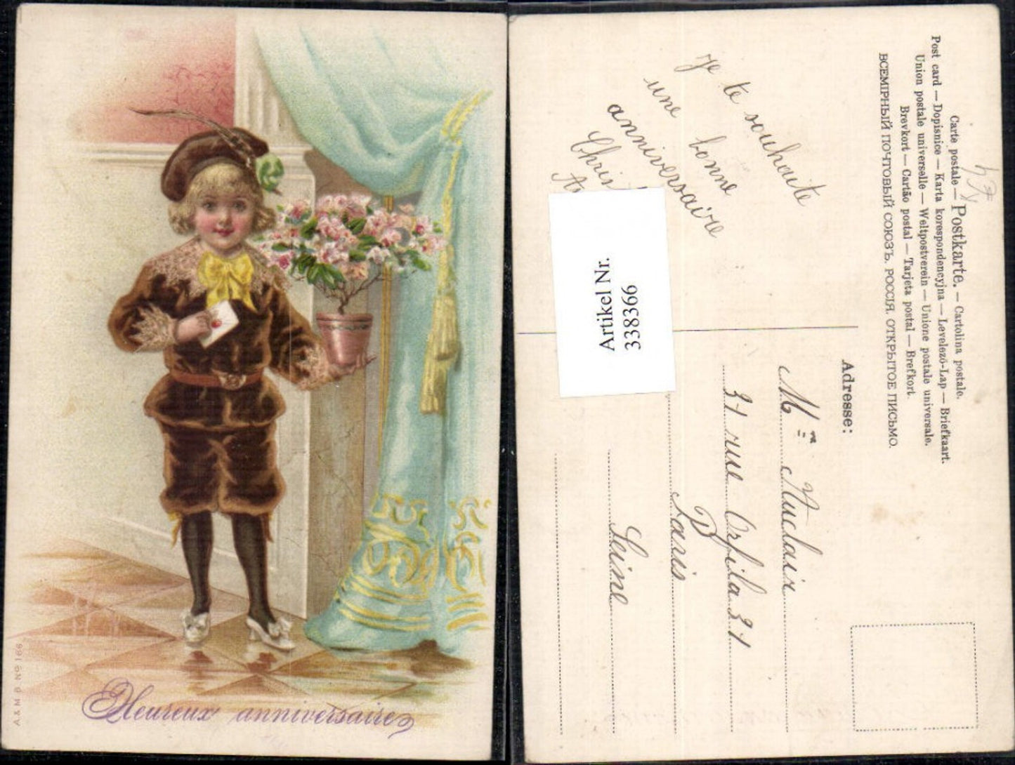 338366,Künstler Ak Kind Bub Junge Brief Kuvert Blumentopf Blumen Hut