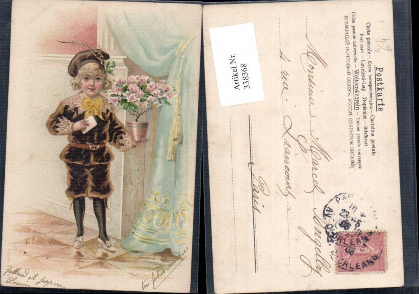 338368,Künstler Ak Kind Bub Junge Brief Kuvert Blumentopf Blumen Hut
