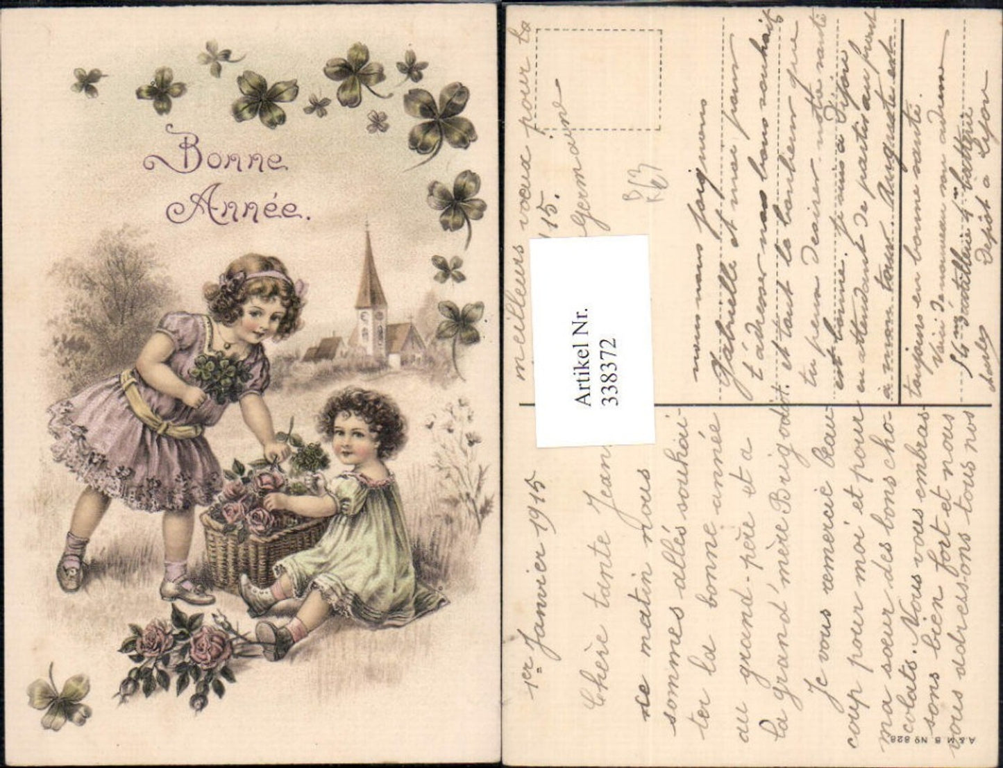 338372,Künstler Ak Kinder Mädchen Korb Rosen Blumen Kirche Klee Kleeblätter
