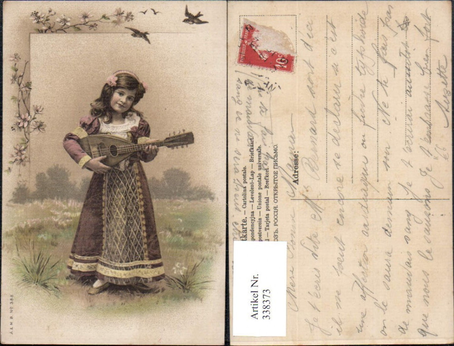 338373,Künstler Ak Kind Mädchen m. Kleid Haarband spielt Mandoline Musik