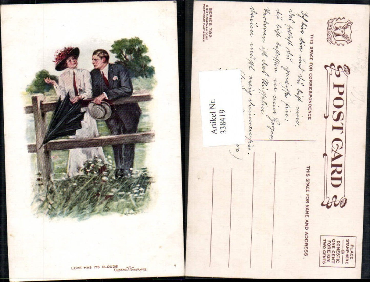 338419,Künstler Ak Clarence F. Underwood Liebe Paar Schirm Hut Glamour Love has its Clouds
