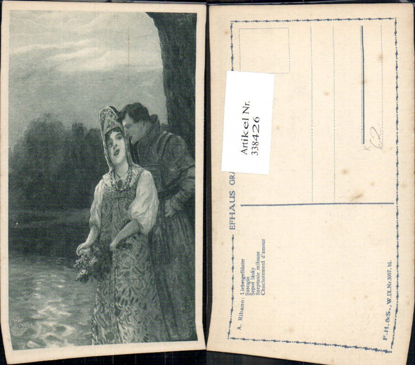338426,Künstler Ak A. Ribano Liebesgeflüster Liebe Paar Wangenkuss Tracht Blumenstrauß