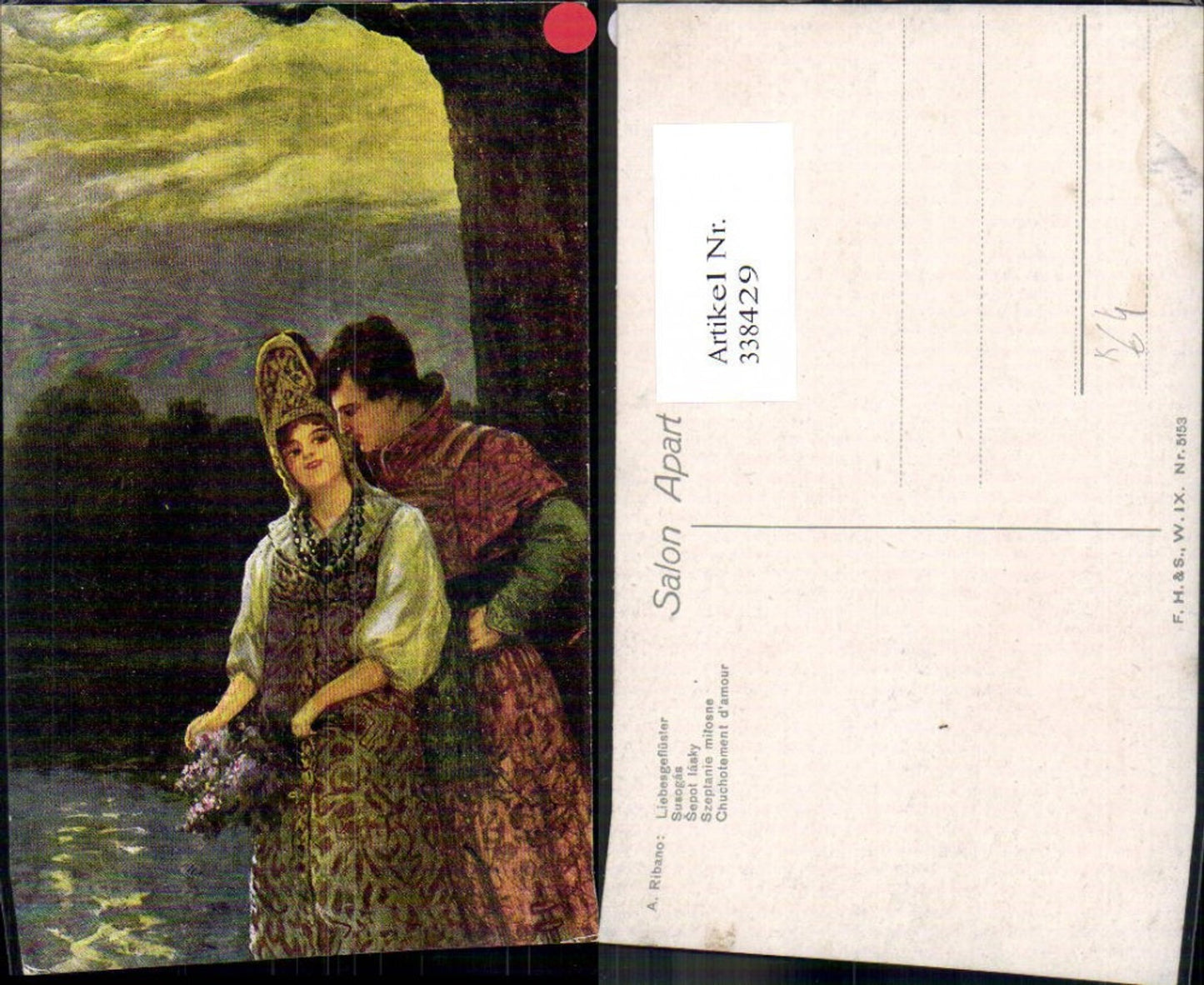 338429,Künstler Ak A. Ribano Liebesgeflüster Liebe Paar Tracht Blumenstrauß