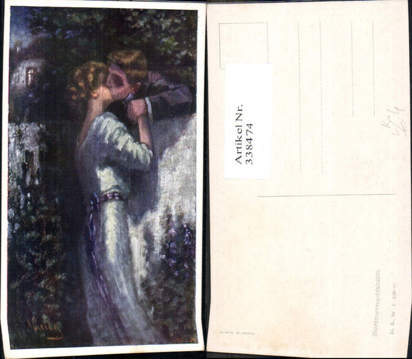 338474,Künstler Ak Sommernachtstraum Liebe Paar Kuss b. Mauer b. Nacht pub B.K.W.I.320/5