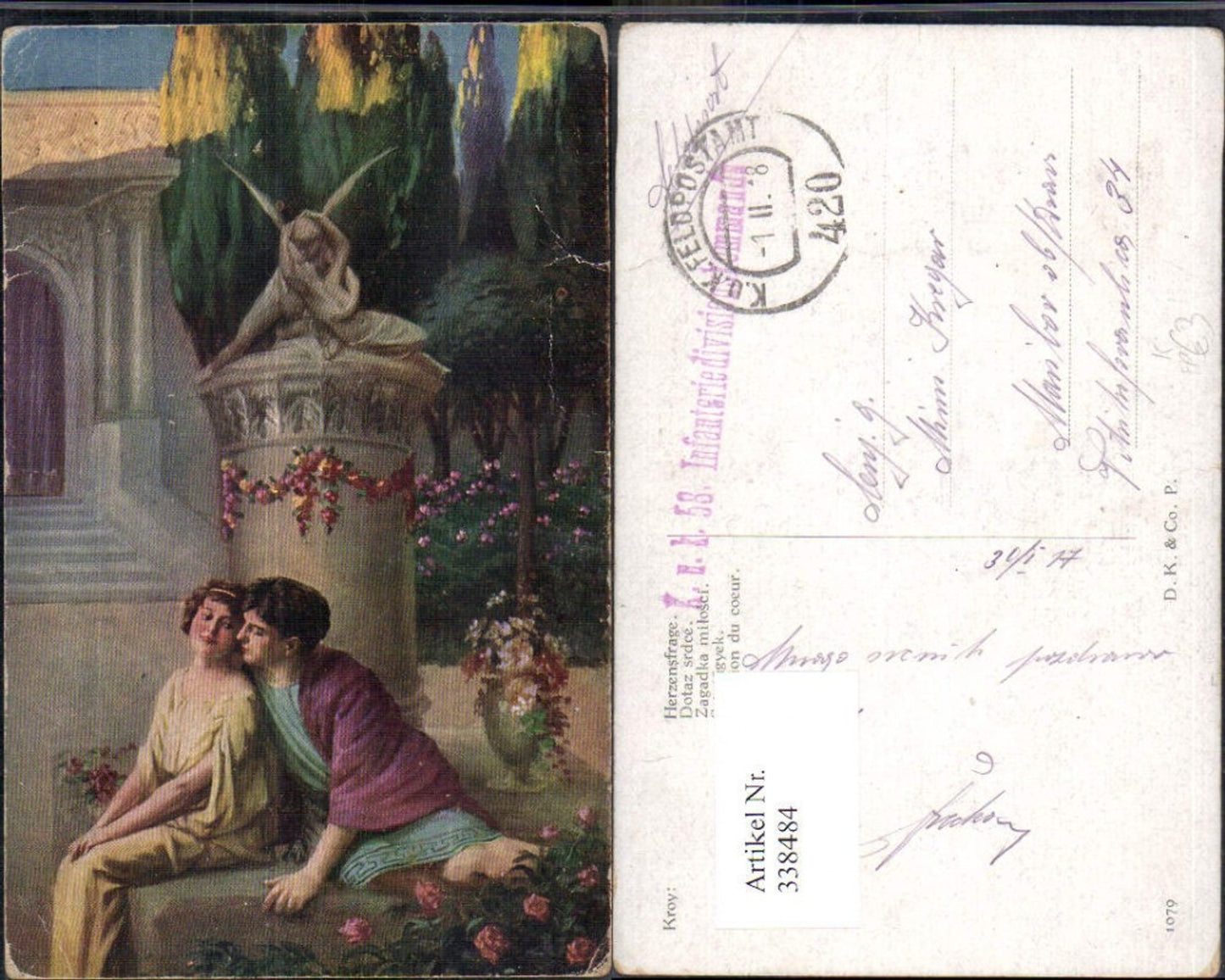 338484,Künstler Ak Kroy Herzensfrage Liebe Paar Verliebter Blick Statue Feldpost Kk 420 58 Inf. Div. Kom.