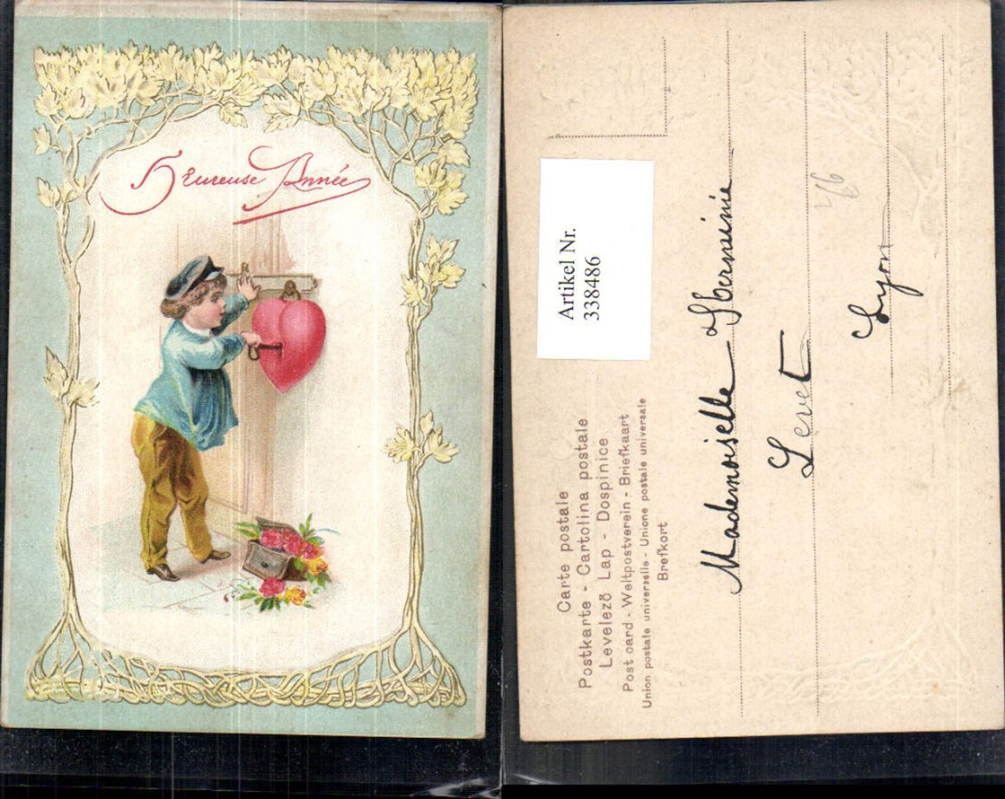 338486,Präge Litho Liebe Bub Junge Uniform sperrt m. Schlüssel Herz Schloss auf Passepartout