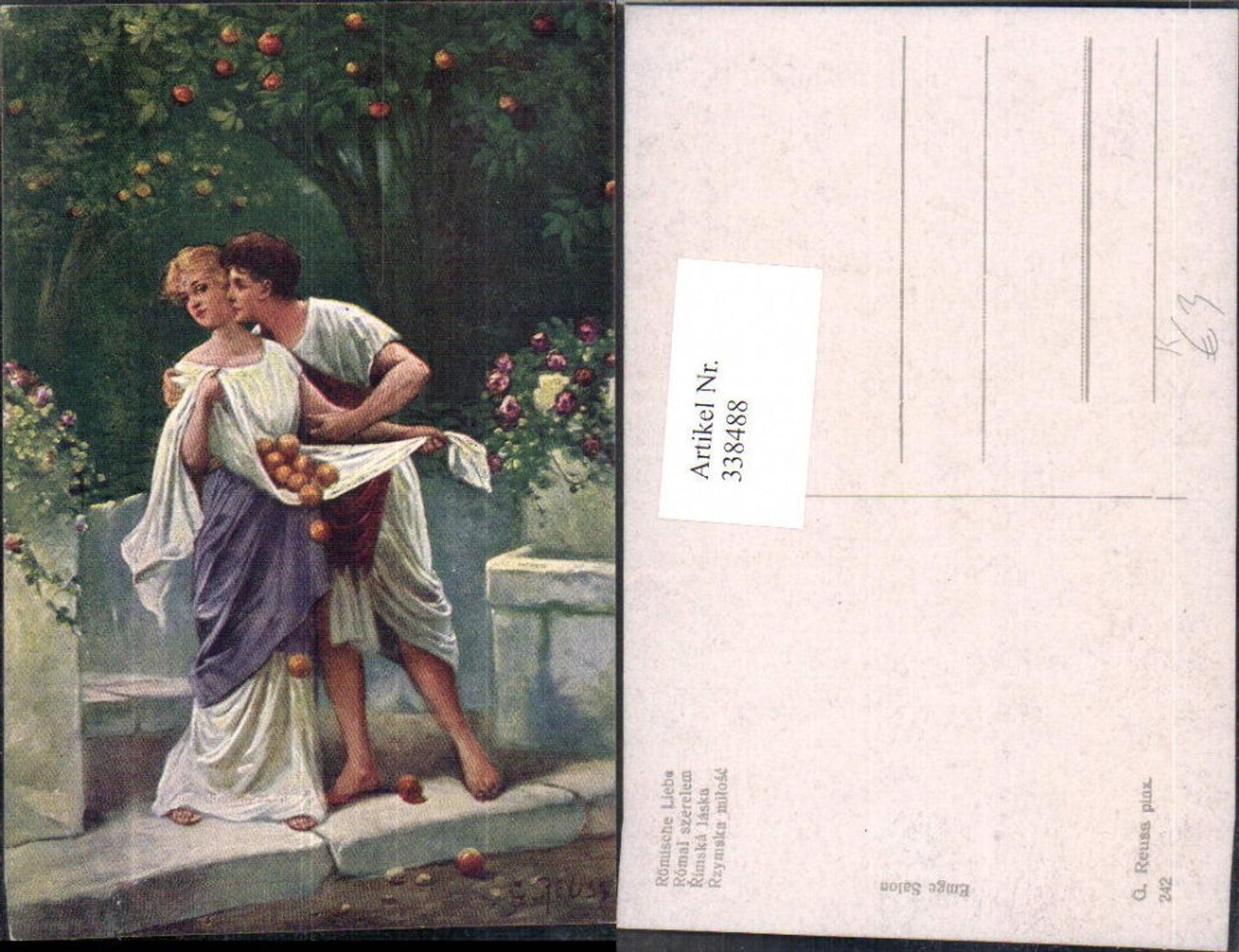 338488,Künstler Ak G. Reuss Römische Liebe Paar Wangenkuss Äpfel i. Schürze