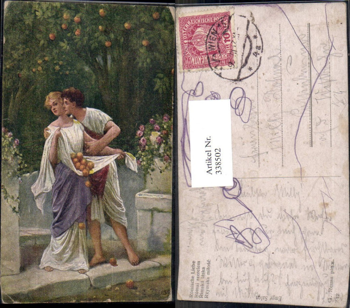338502,Künstler Ak G. Reuss Römische Liebe Paar Äpfel i. Schürze