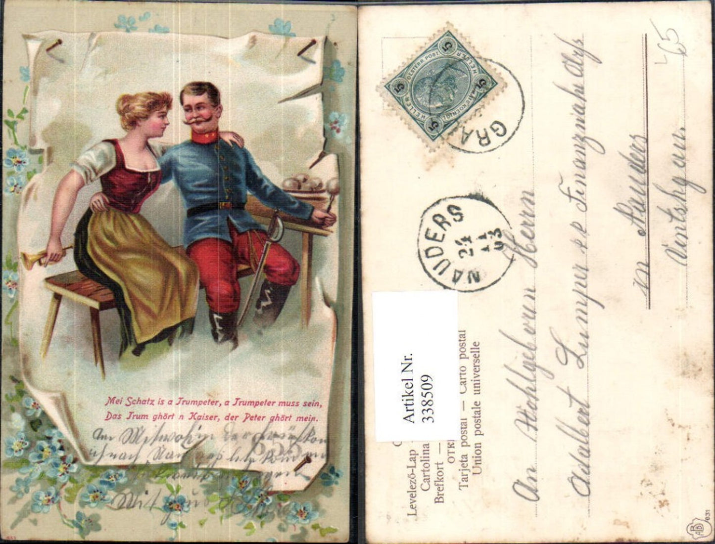 338509,Künstler Litho Liebe Paar Soldat Umarmung Blumen Vergissmeinnicht Spruch