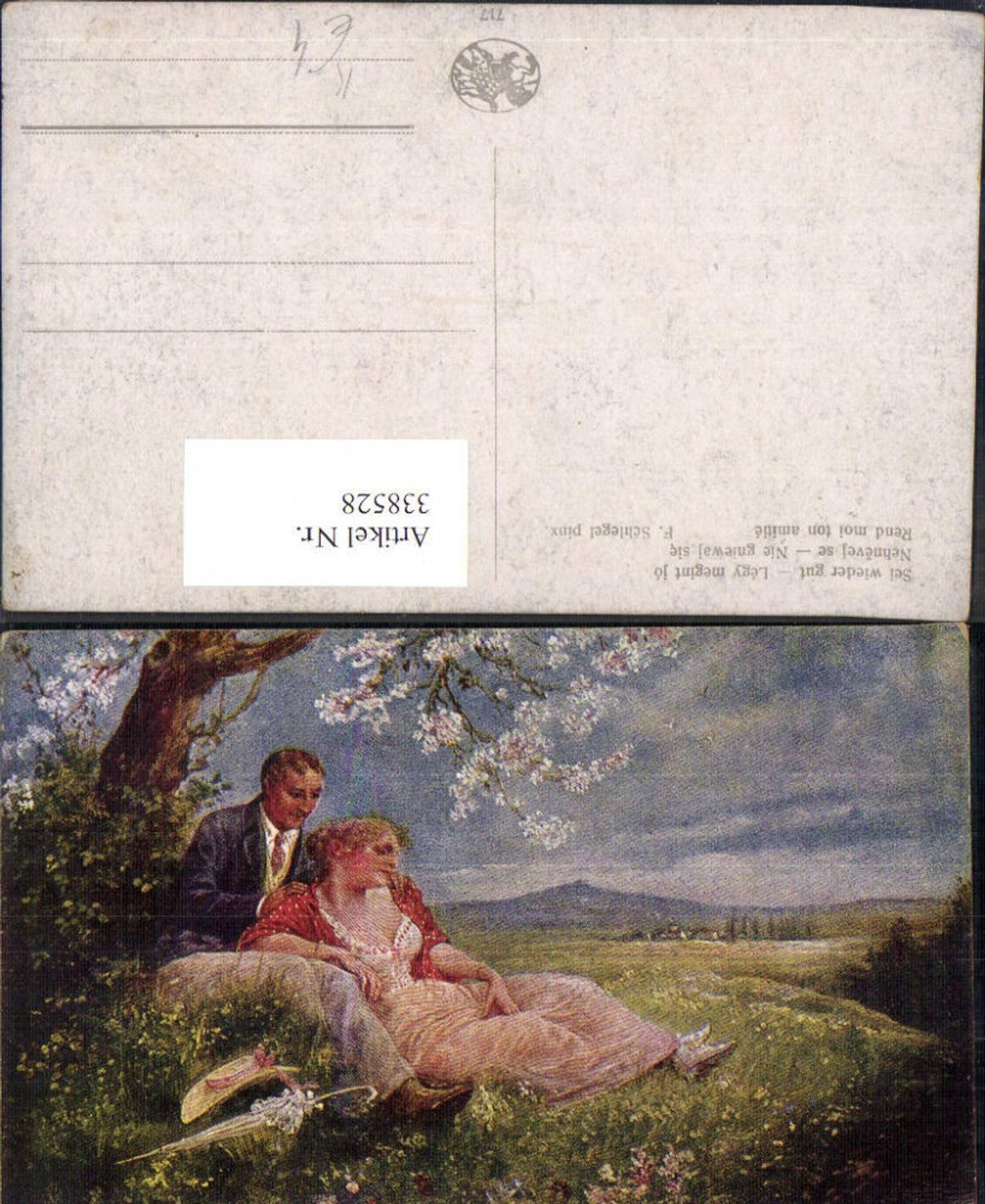 338528,Künstler Ak F. Schlegel Sei wieder gut Liebe Paar sitzt unter Baum Schirm Hut