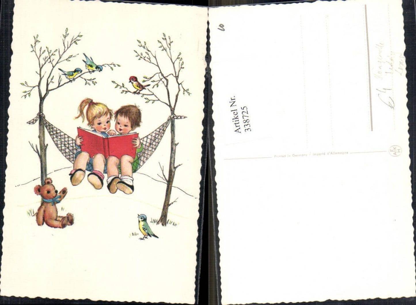 338725,Künstler Ak Lesen Kinder i. Hängematte Teddy Teddybär Spielzeug Vögel
