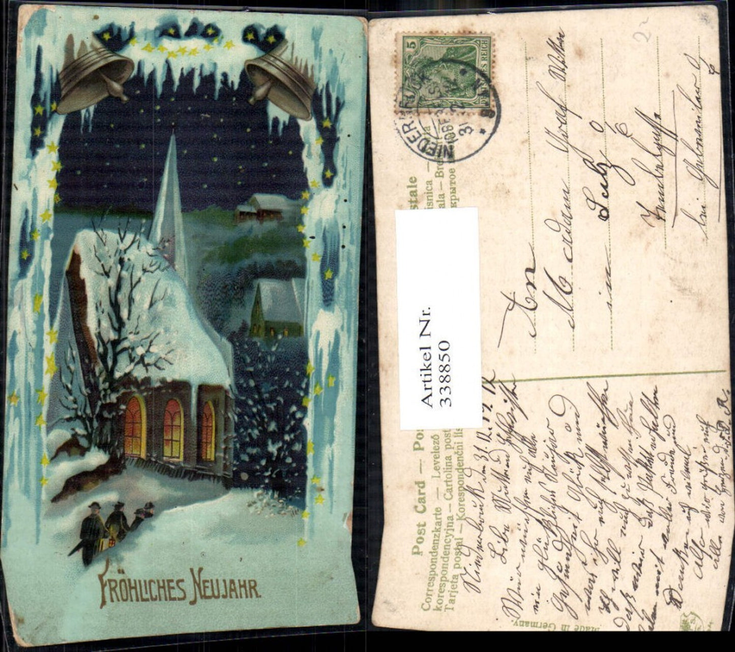 338850,Künstler Ak Kirche Menschen m. Laterne Winternacht Neujahr Glocke