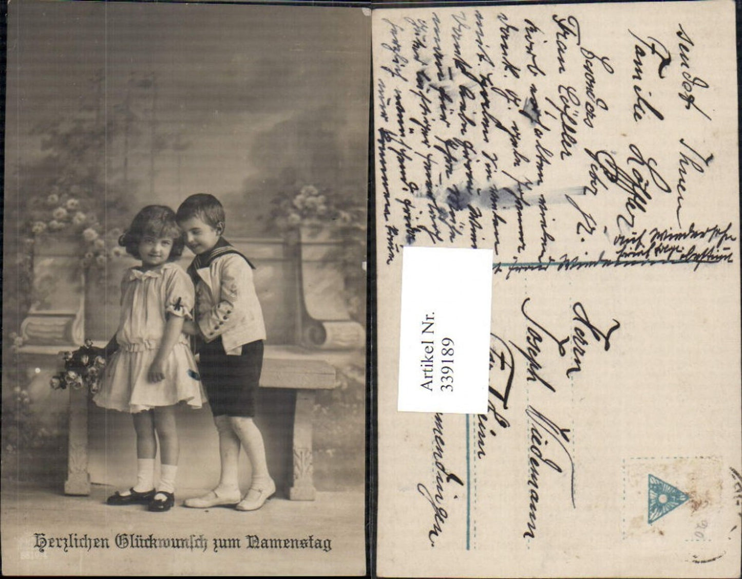 339189, Photo Ak Children's Uniform Sailor Suit Flowers Roses Bouquet Name Day