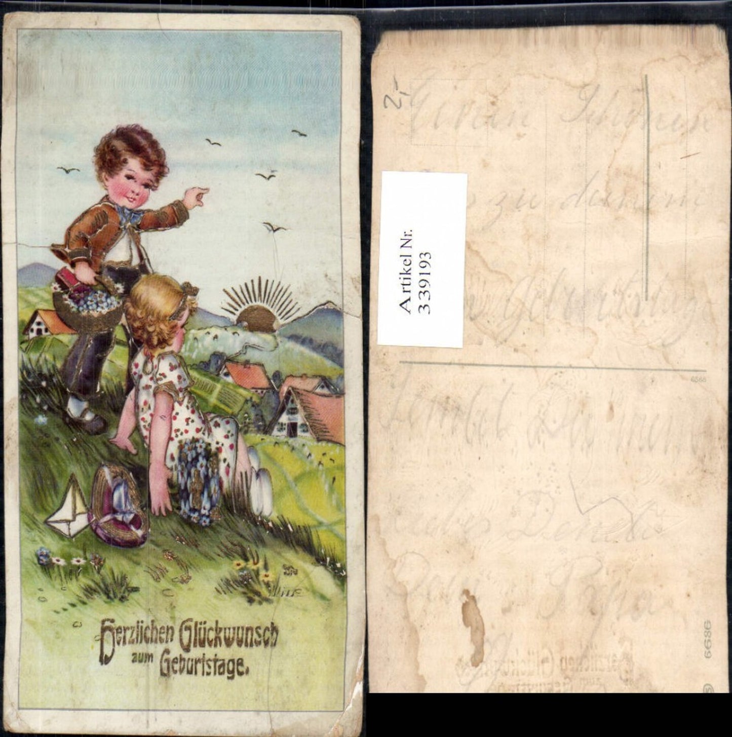 339193,Präge Künstler Ak Kinder Korb Blumen Geschenke Brief Geburtstag Goldverzierung pub EAS 6686