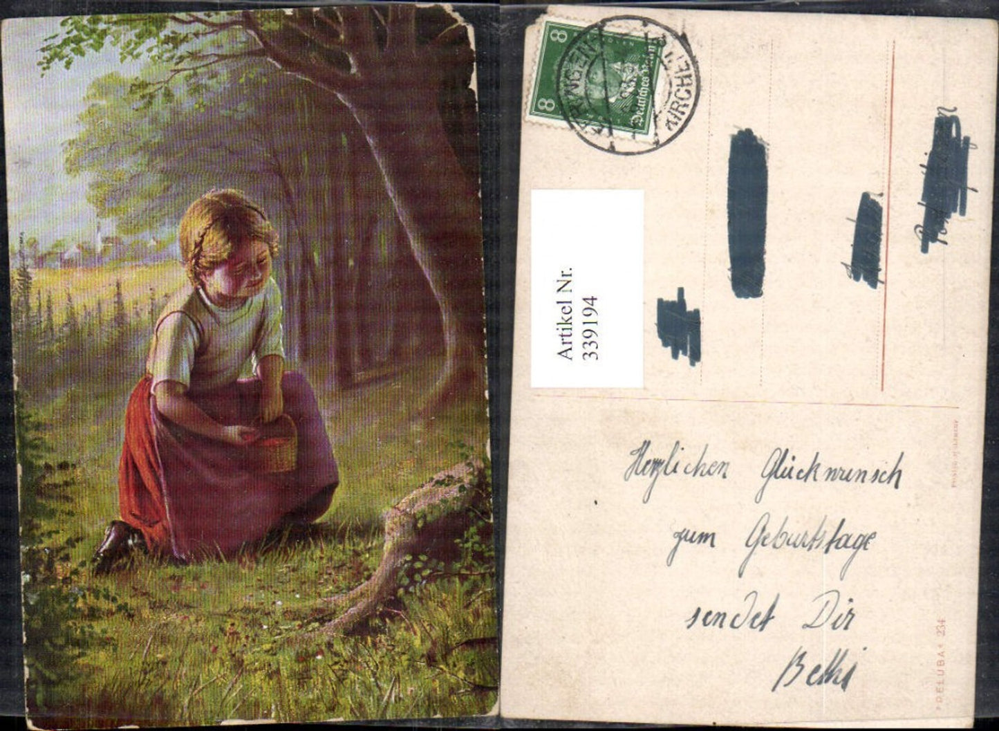 339194,Künstler Ak Kind Mädchen m. Korb i. Wald