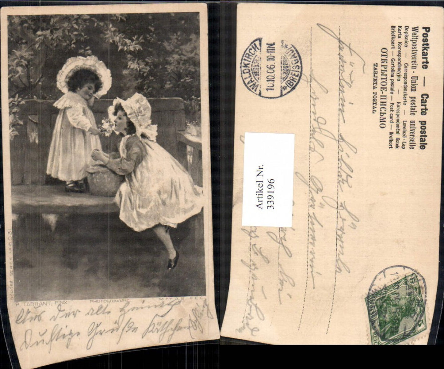 339196,Künstler Ak P. Tarrant Kinder Mädchen Bank Blumenstrauß Blumen