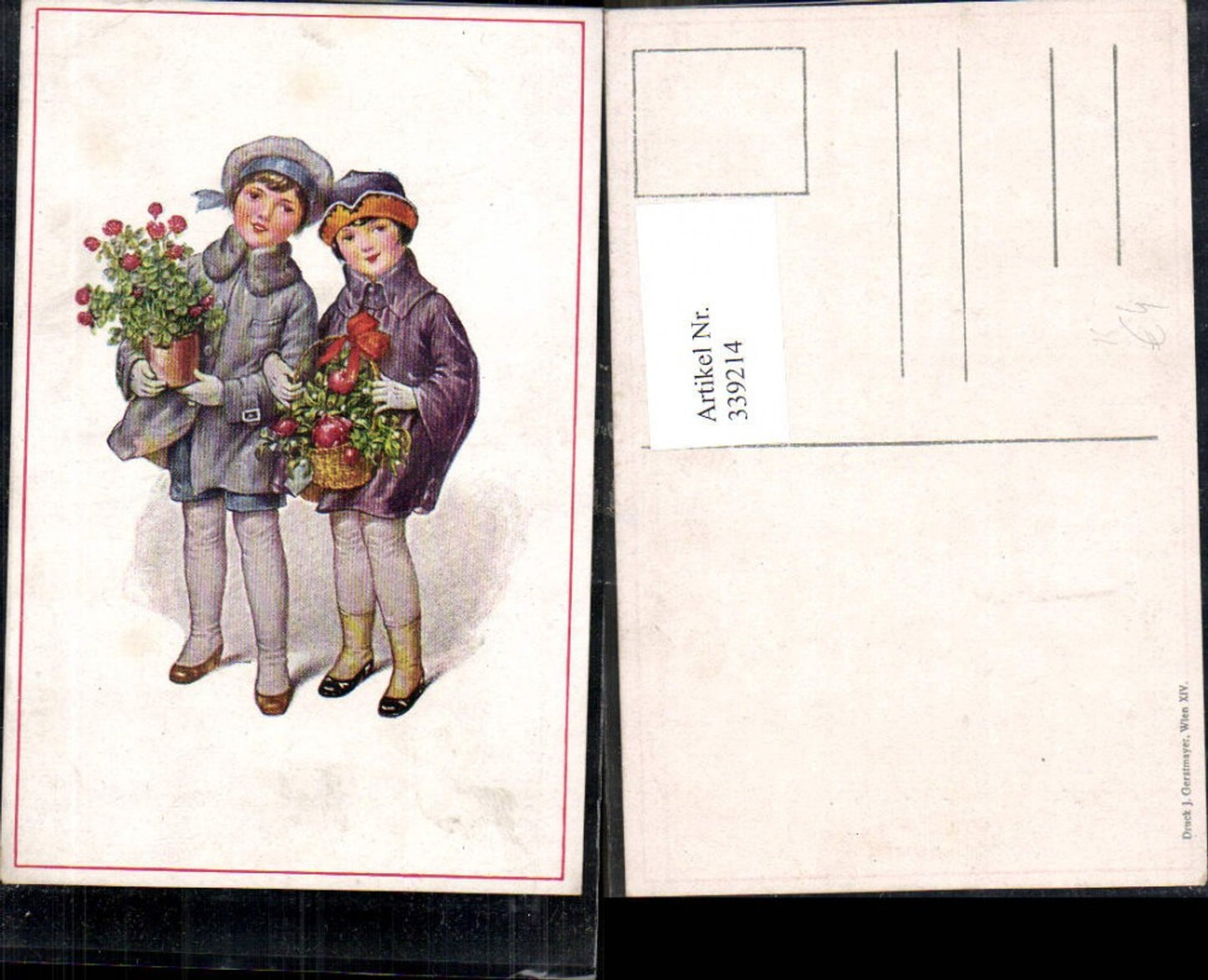 339214,Künstler Ak Kinder Mädchen Mode Mütze Pelzkragen Mantel Korb Rosen Blumen