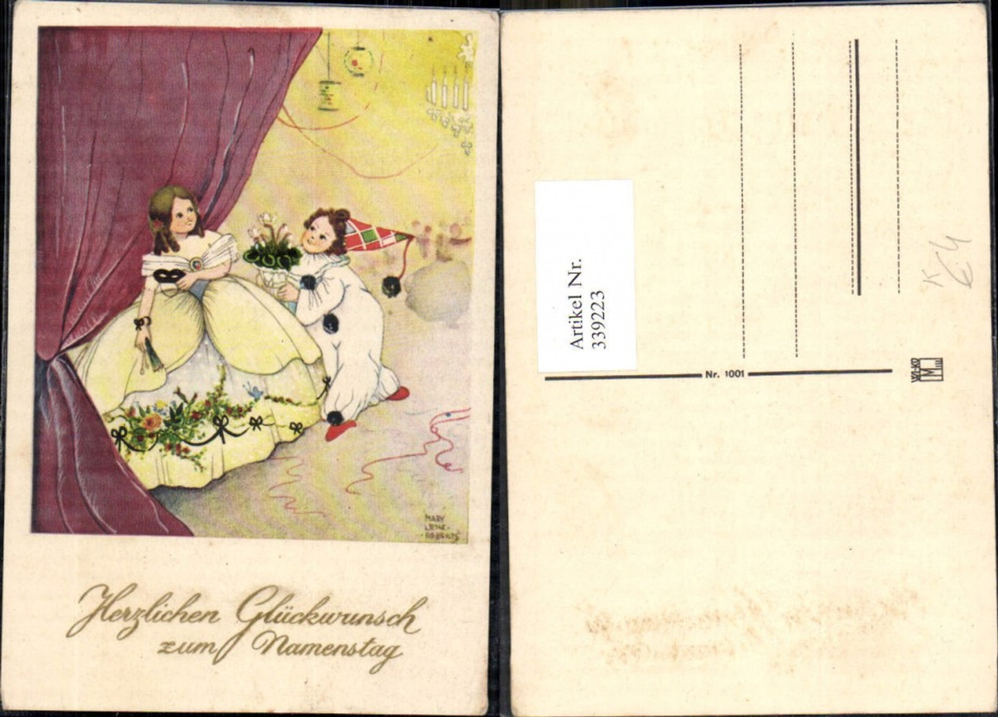 339223,Künstler Ak Mary Lenz-Roberts Kinder Kostüme Harlekin Fächer Karneval Blumentopf Namenstag