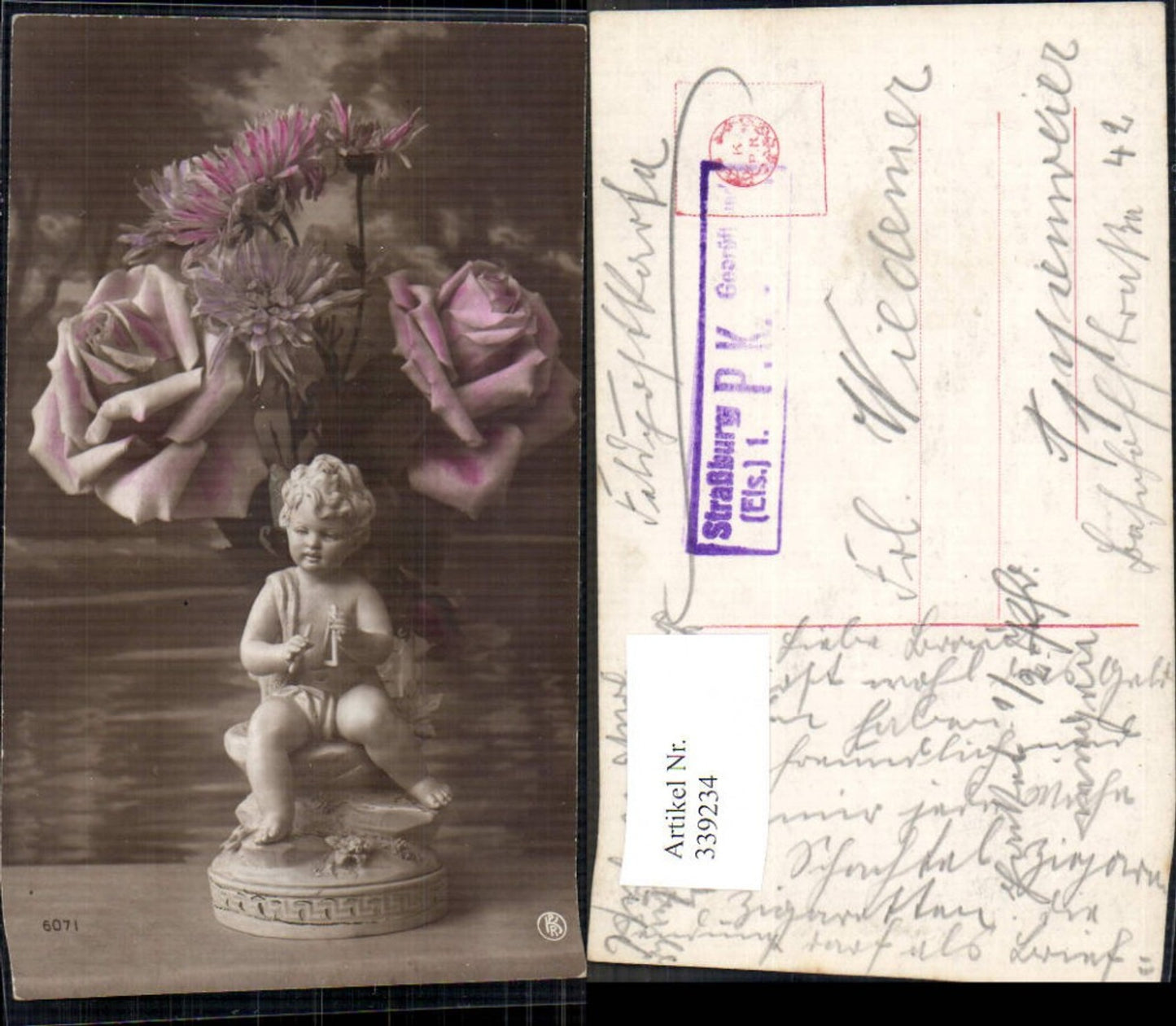 339234,Kind Statue Porzellanfigur m. Triangel Blumen Rosen Astern Stempel Straßburg Elsass