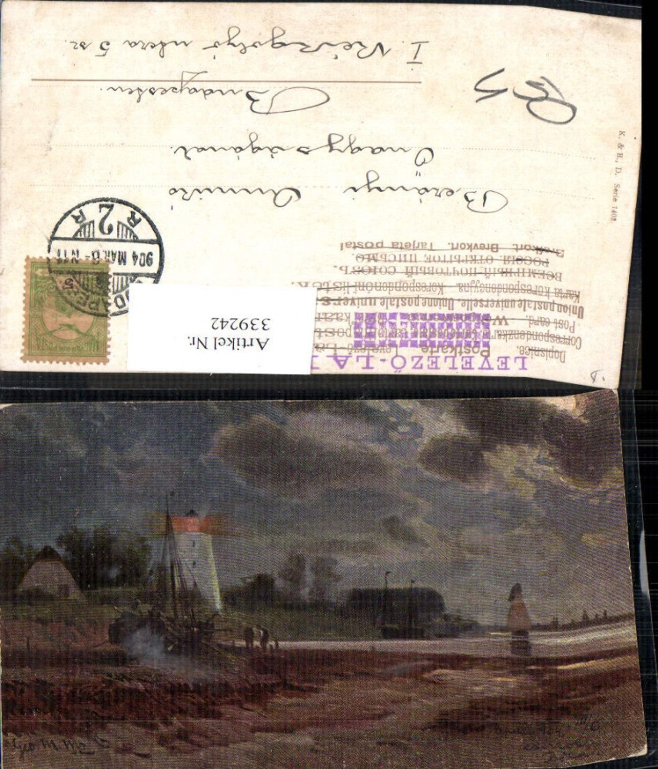 339242,Künstler Ak Leuchtturm b. Nacht Segelboot Segelschiff Männer a. Ufer