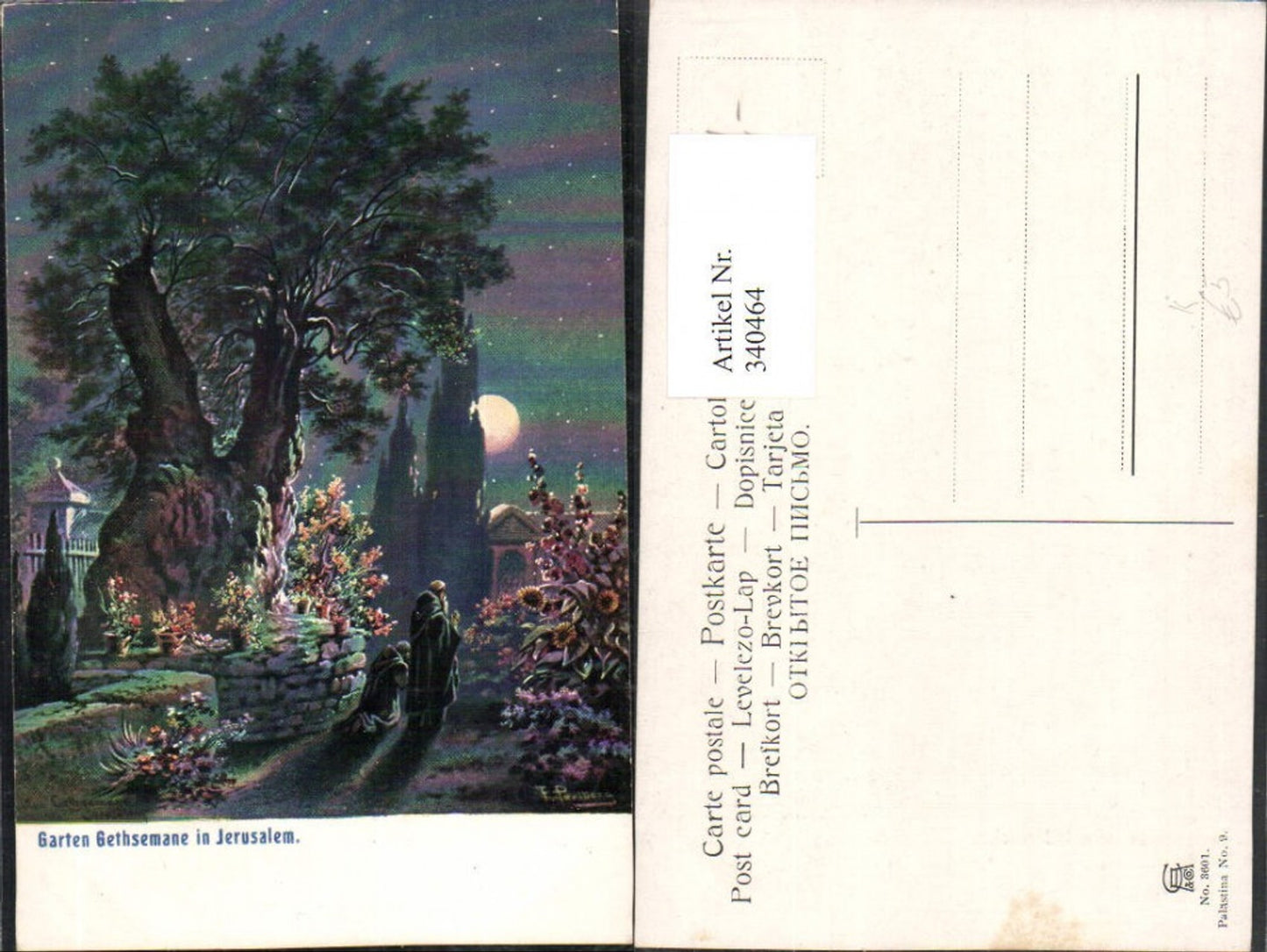 340464, Artist AK F. Perlberg Jerusalem Garden of Gethsemane Monks Moonlight