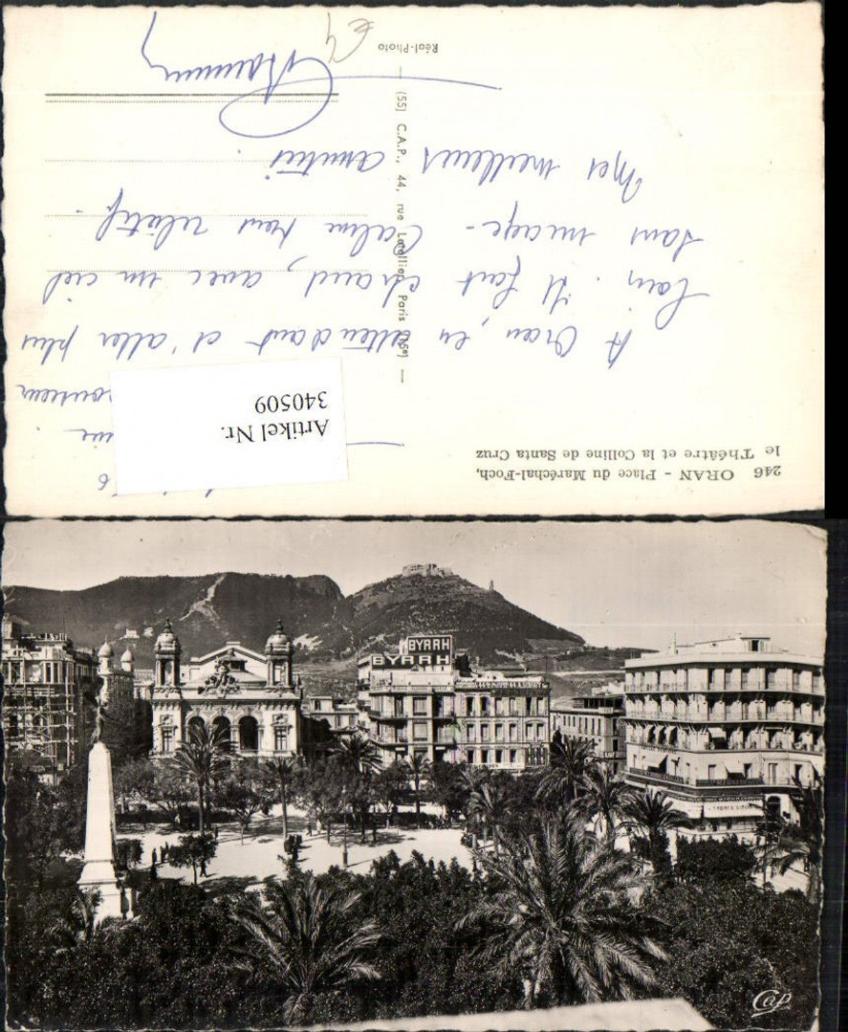 340509,Oran Place de Marechal-Foch le Theatre et la Colline de Santa-Cruz Blick zur Festung