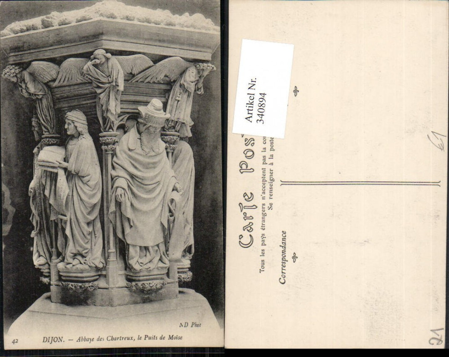 340894,Burgundy Cote-Or Dijon Abbaye des Chartreux le Pits de Moise Abbey column figures detail