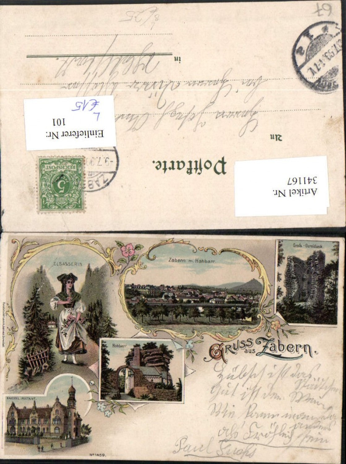 341167,Litho Elsass Bas-Rhin Gruß aus Zabern Totale Elsasserin Tracht Postamt Mehrbildkarte