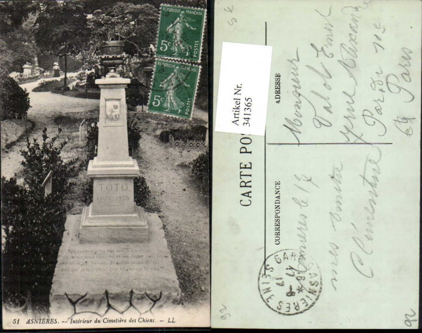 341365,Ile-de-France Hauts-de-Seine Asnieres Cimetiere des Chiens Friedhof Grabmal Toto