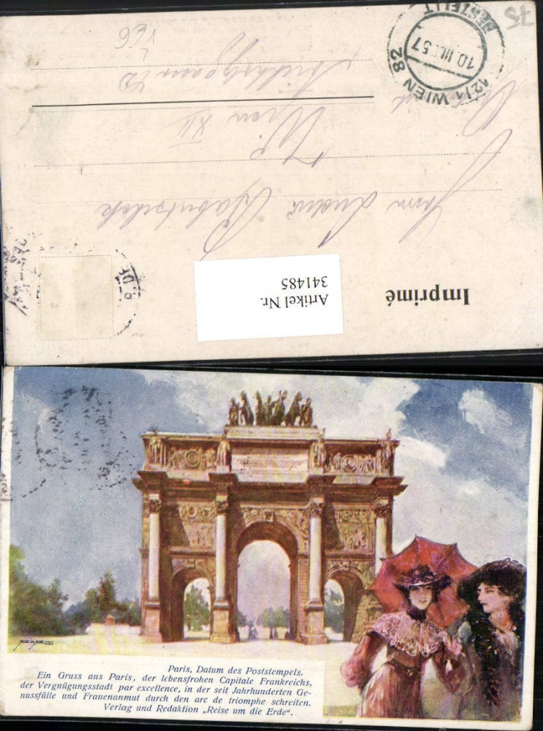 341485, Lithograph Ile-de-France Paris Arc de Triomphe Women with umbrella pub Journey around the world