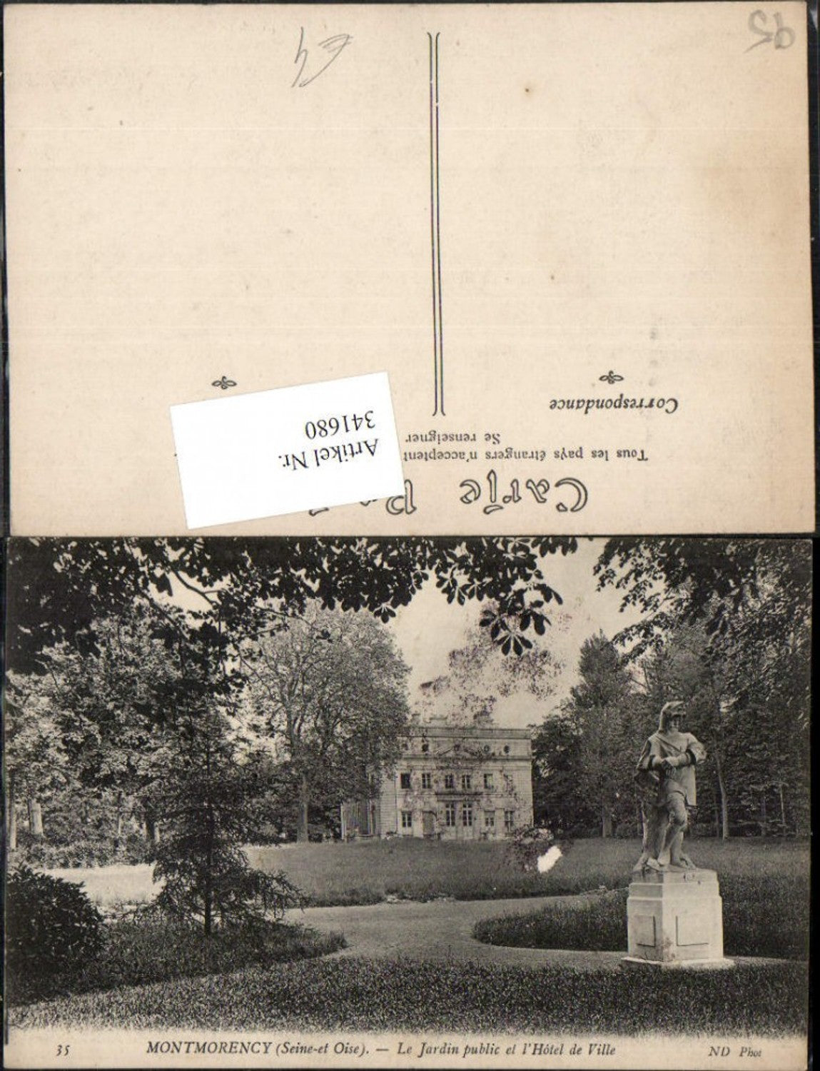 341680,Ile-de-France Val-Oise Montmorency Le Jardin public et l'Hotel de Ville Rathaus Statue