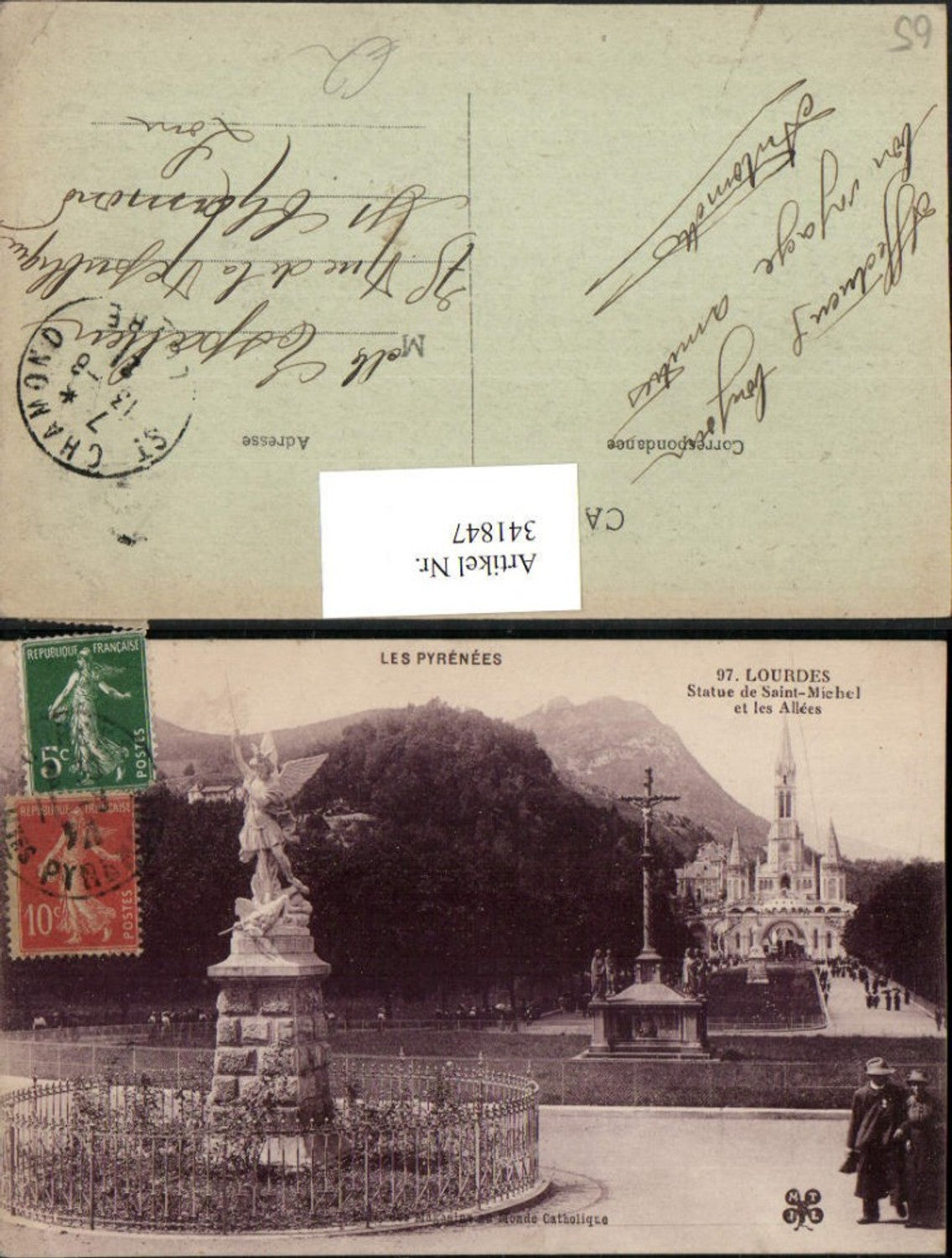 341847,Midi-Pyrenees Hautes-Pyrenees Lourdes Statue de Saint-Michel et les Allees Kirche