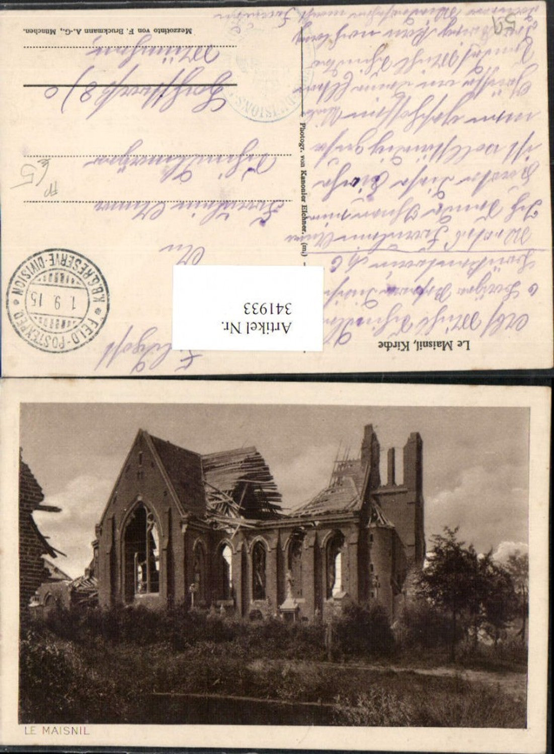 341933,Nord-Pas-de-Calais Nord Le Maisnil zerstörte Kirche Feldpost Königlich Bayerische Res. Division