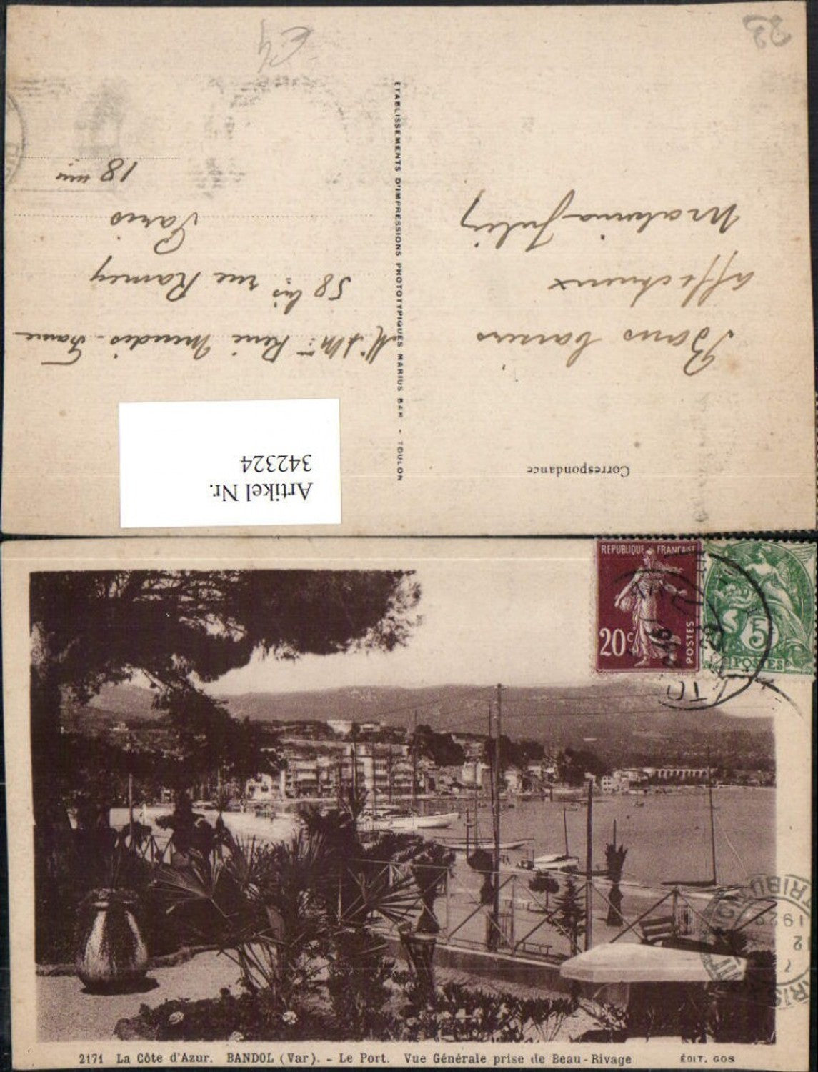 342324,Provence-Alpes-Cote-Azur Var Bandol Le Port Vue Generale prise de Beau-Rivage Hafen