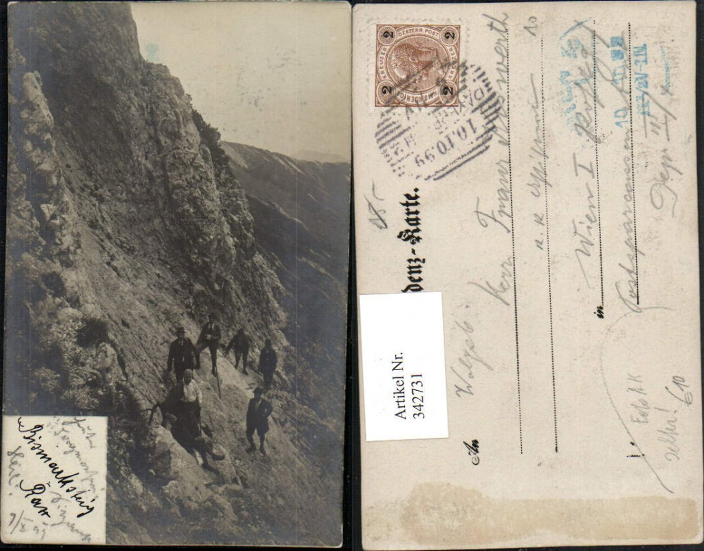 342731,Seltene Foto AK Bismarcksteig b. Reichenau Bergkulisse Bergsteiger