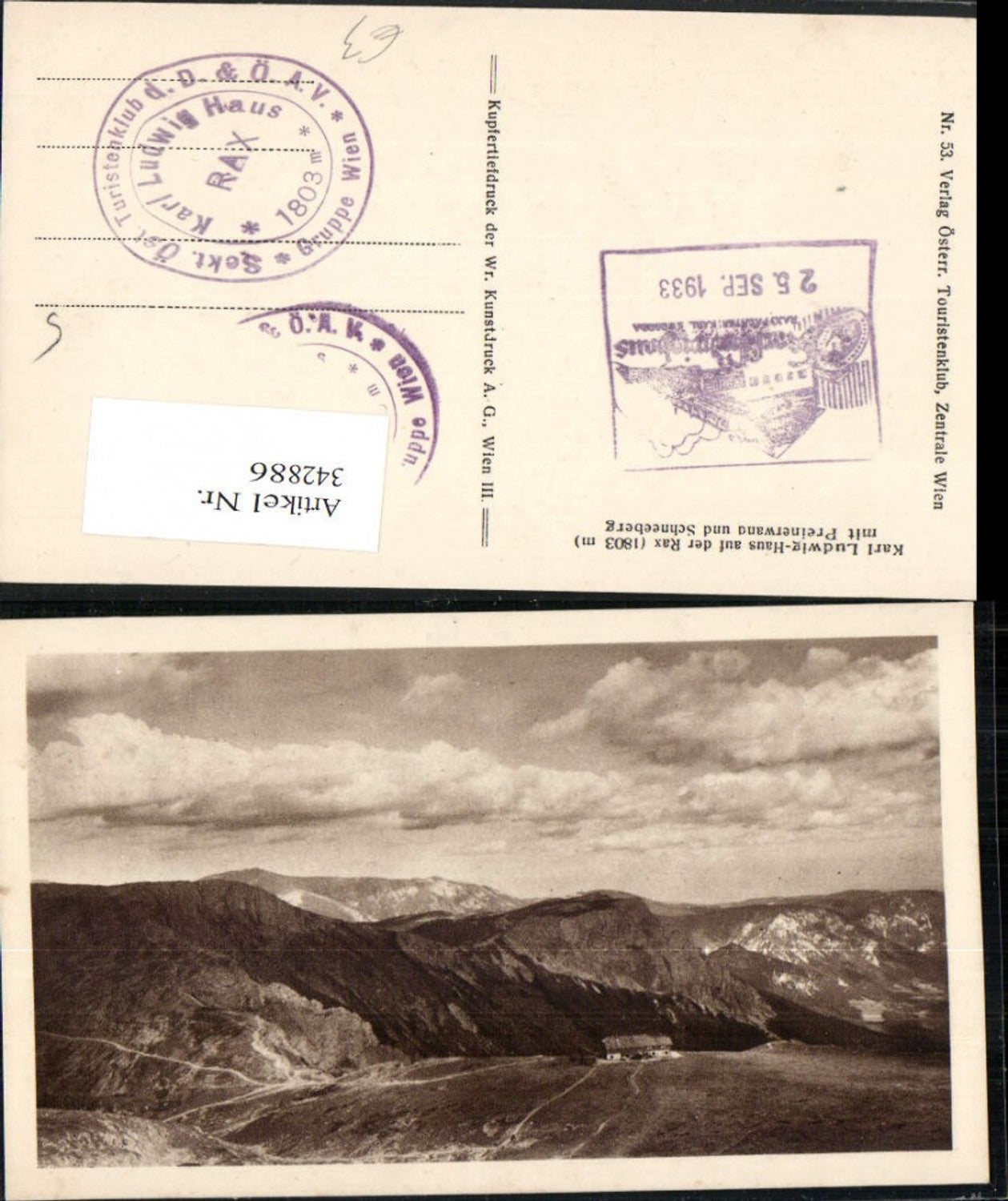 342886,Karl Ludwig-Haus Berghütte auf d. Rax b. Prein m. Preinerwand u. Schneeberg Bergkulisse