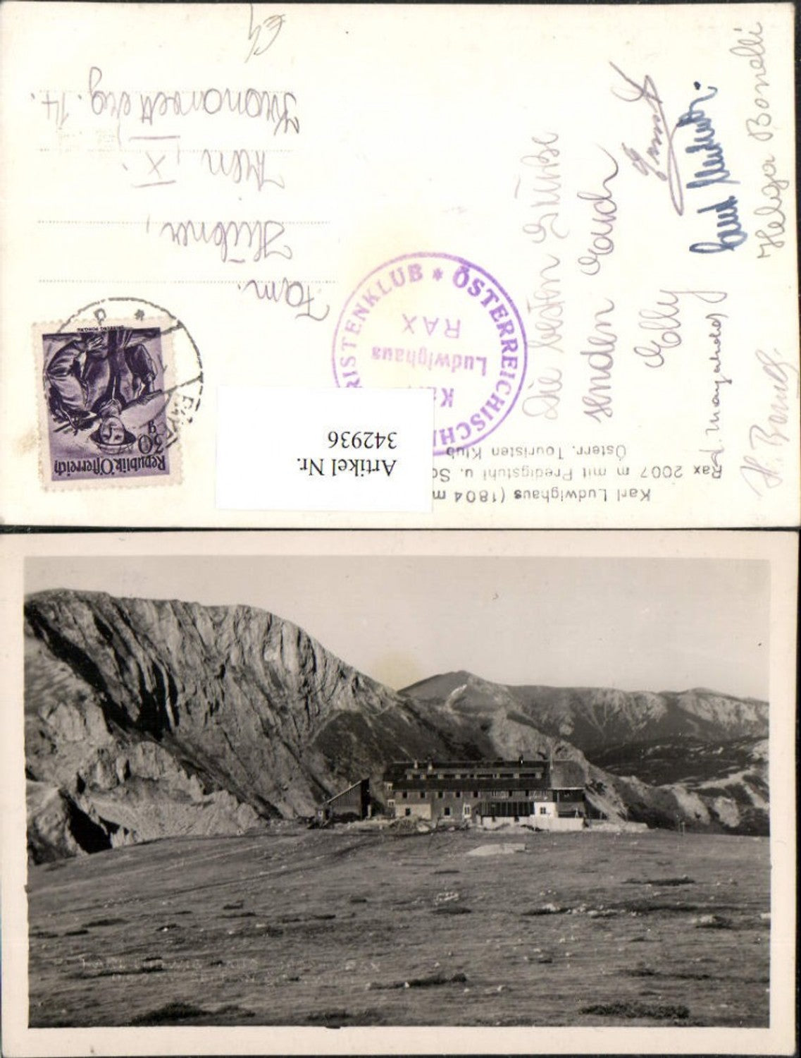 342936,Rax Karl Ludwig-Haus Berghütte m. Predigstuhl u. Schneeberg b. Prein Bergkulisse