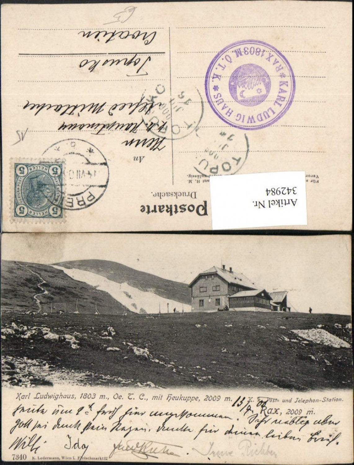 342984,Rax Karl Ludwig-Haus Berghütte m. Heukuppe b. Prein Reichenau