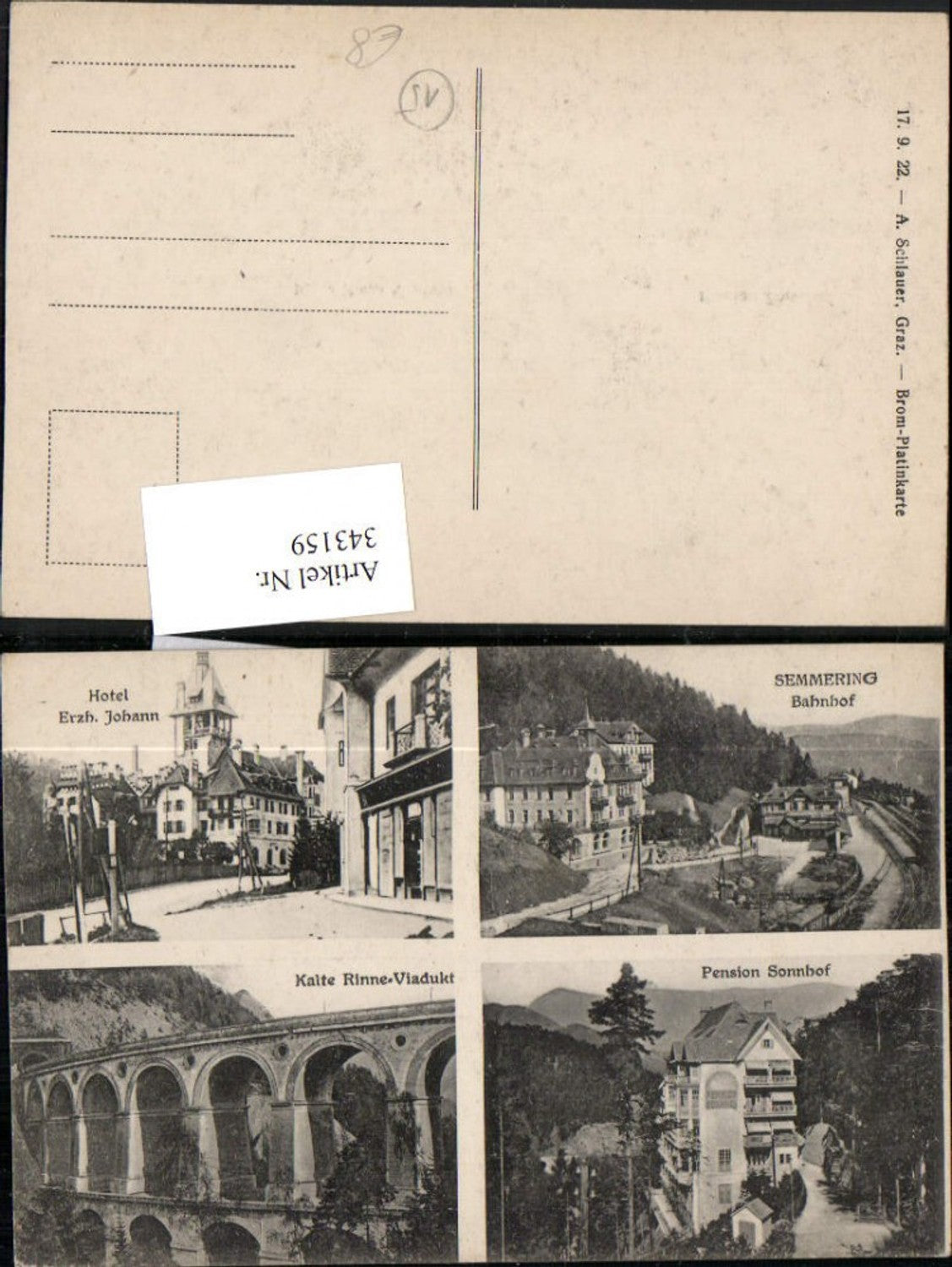 343159,Semmering Bahnhof Hotel Erzherzog Johann Kalte Rinne Viadukt Pension Mehrbildkarte