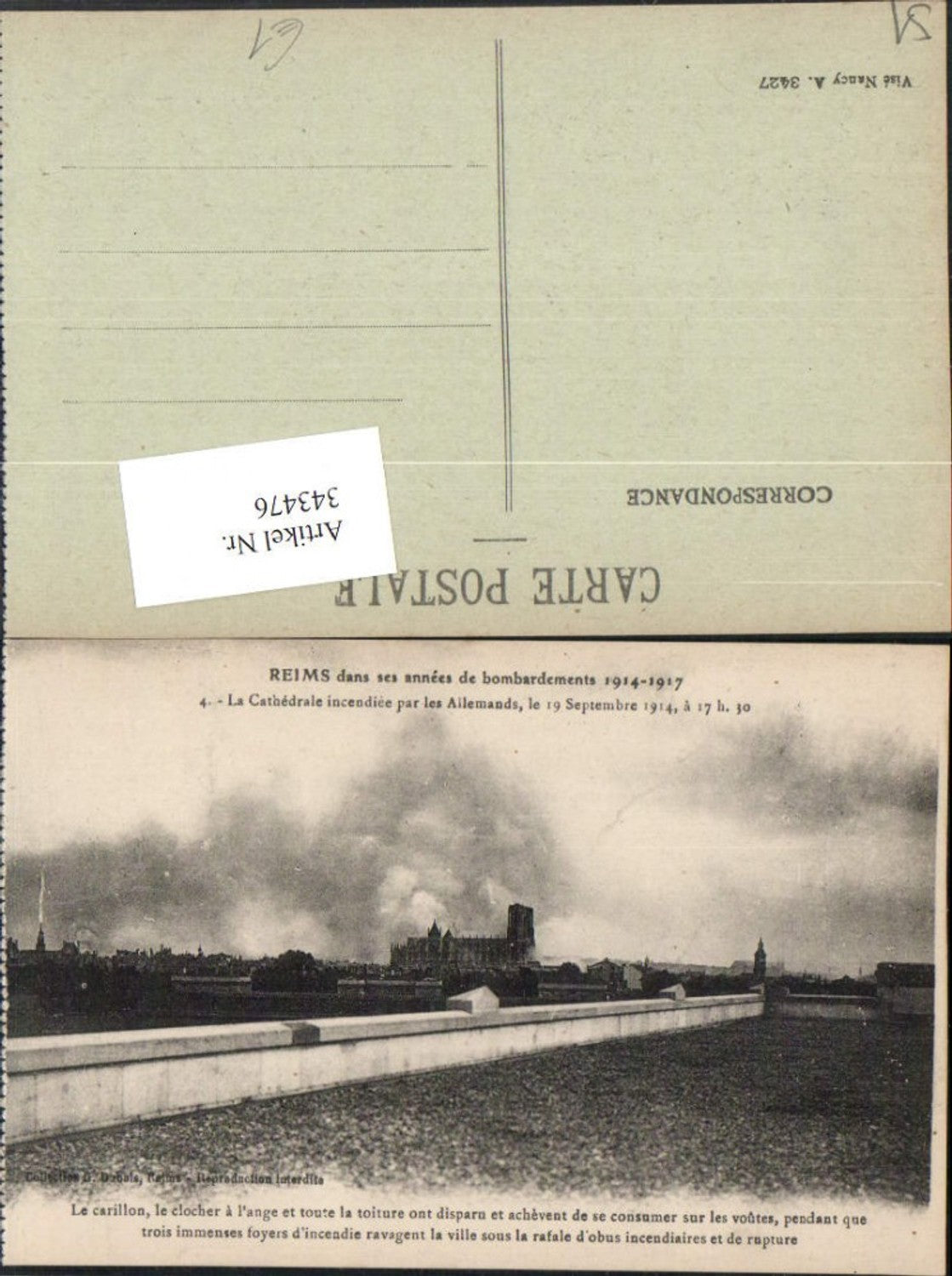 343476,Champagne-Ardenne Marne Reims La Cathedrale incendiee par les Allemands 1914 Teilansicht
