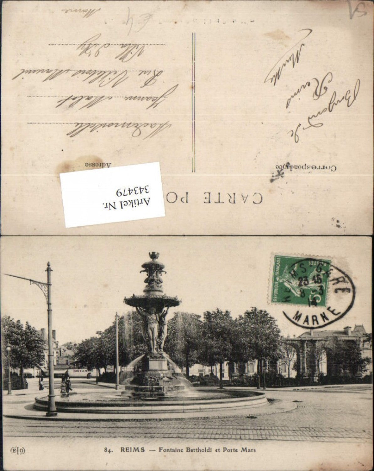 343479,Champagne-Ardenne Marne Reims Fontaine Bartholdi et Porte Mars Brunnen