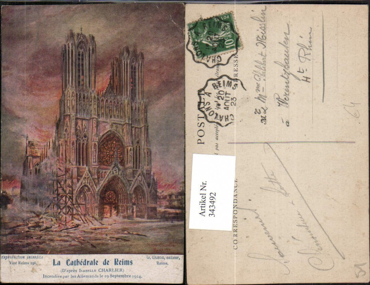 343492, Artist AK Isabelle Charlier Champagne-Ardenne Marne Reims La Cathedrale Church Brand