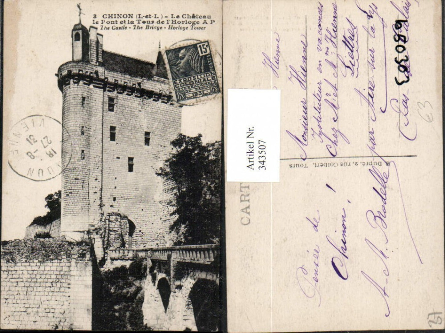 343507,Centre Indre-et-Loire Chinon Le Chateau le Pont et la tour de l'Horloge Schloss Brücke