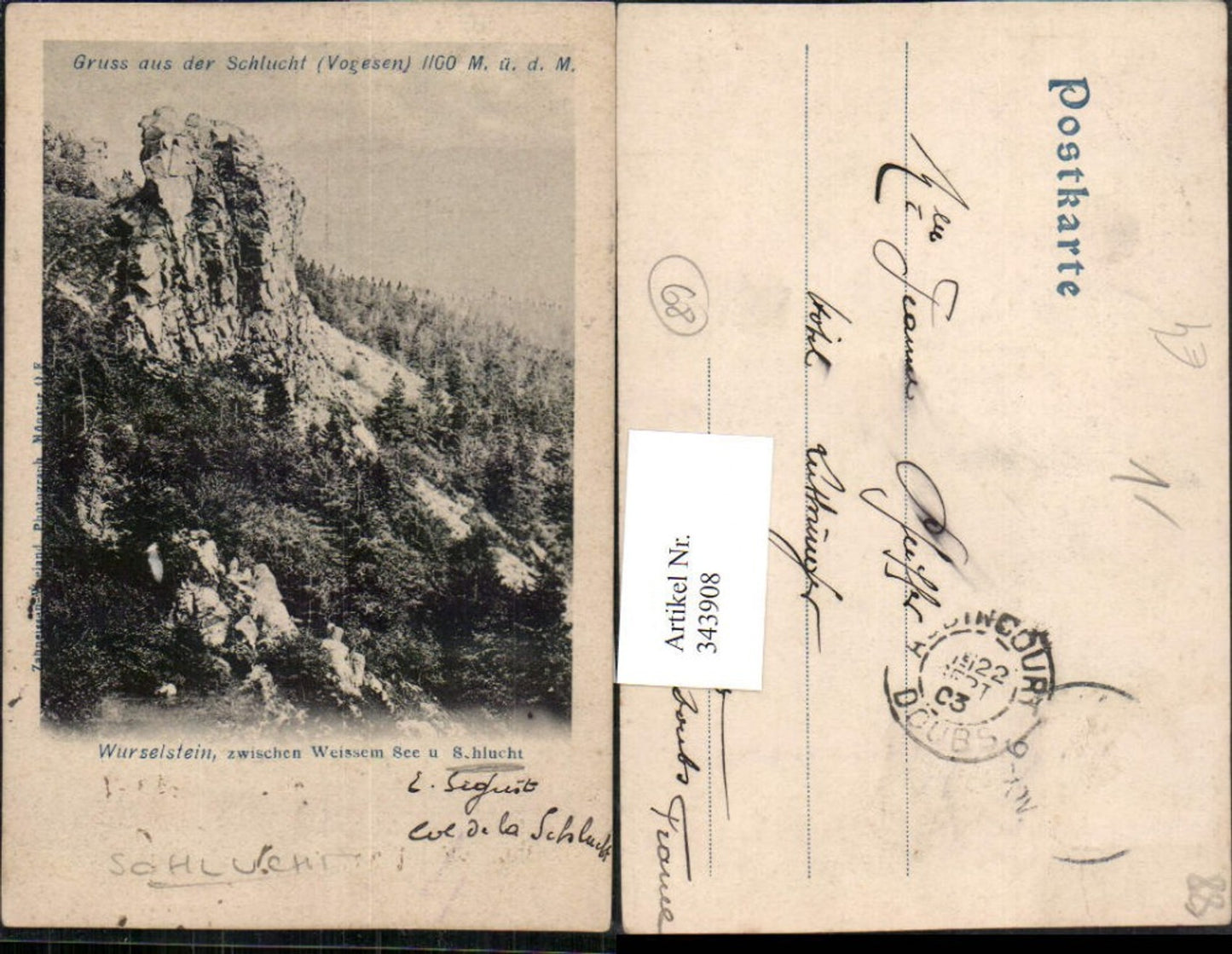 343908,Lothringen Vosges Gruß aus d. Schlucht Wurselstein La Wurzelstein Felsen