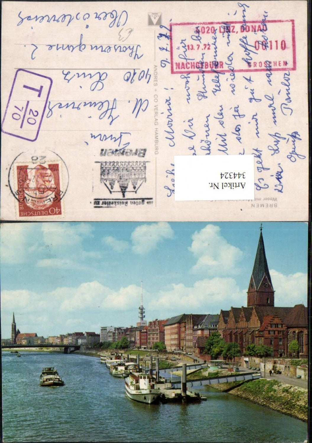 344324,Bremen Weser m. Martinikirche Kirche u. Fernsehturm Anlegeplatz